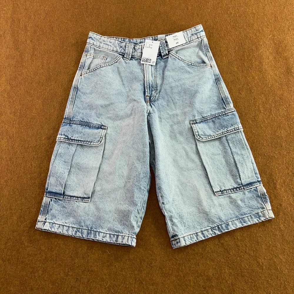 H&M Kids Size 16 Light Blue Baggy Adjustable Waist Cargo Denim Shorts NWT